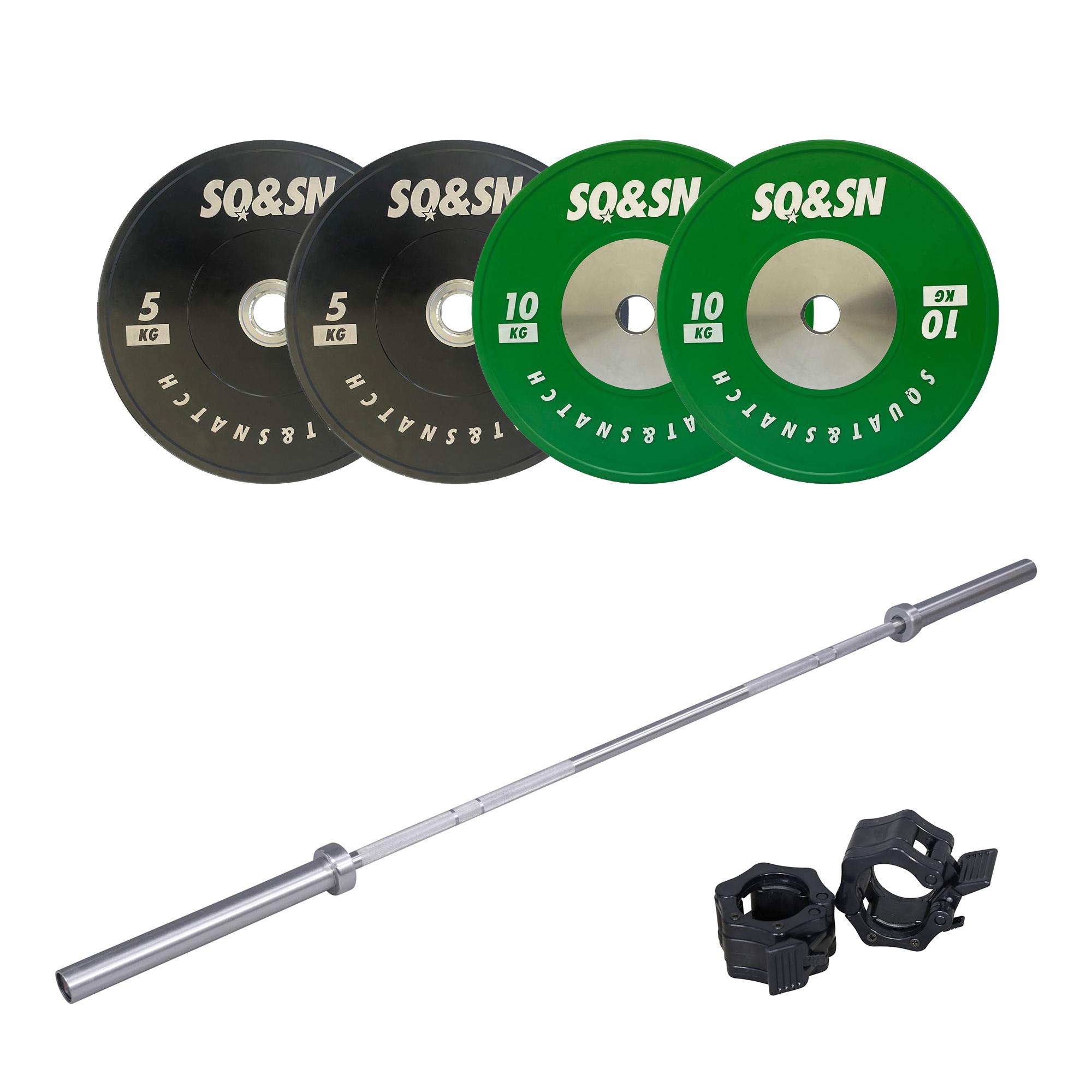 Olympisk 20 kg vektstang med fargede SQ&SN bumper-skiver og låser